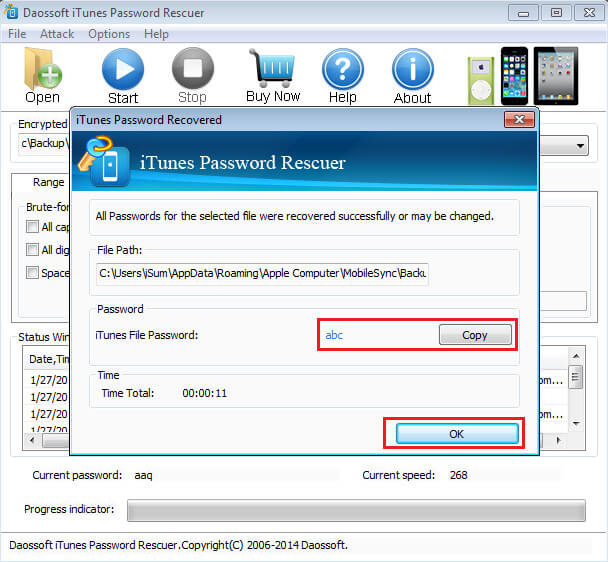 Daossoft iTunes Password Rescuer password recovered