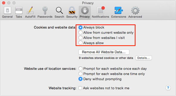 disable cookies on mac safari