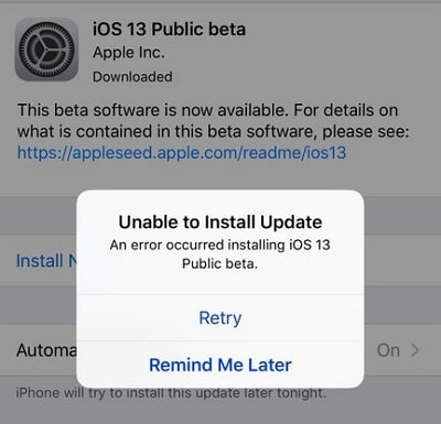 unable to install update of iOS 13