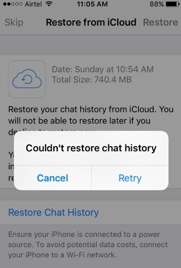 whatsapp couldnt restore chat history