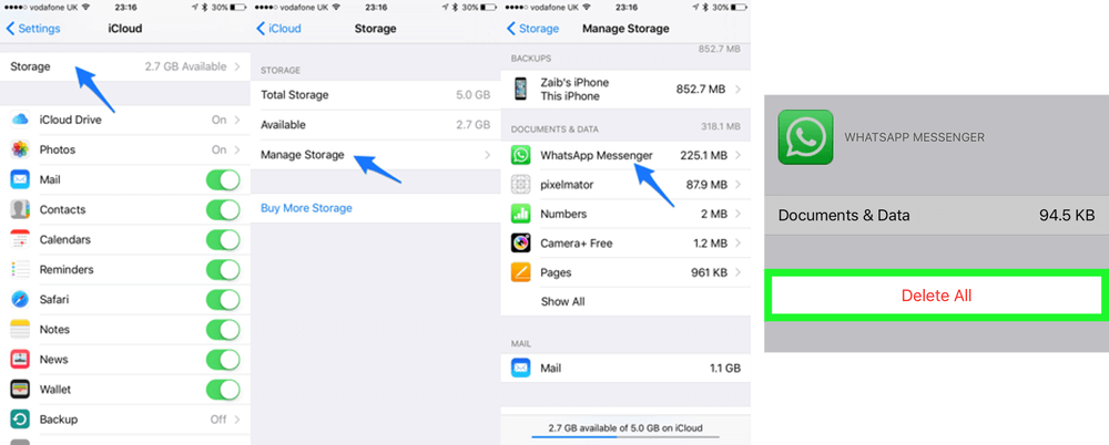delete the icloud whatsapp backup to purge your iCloud storage