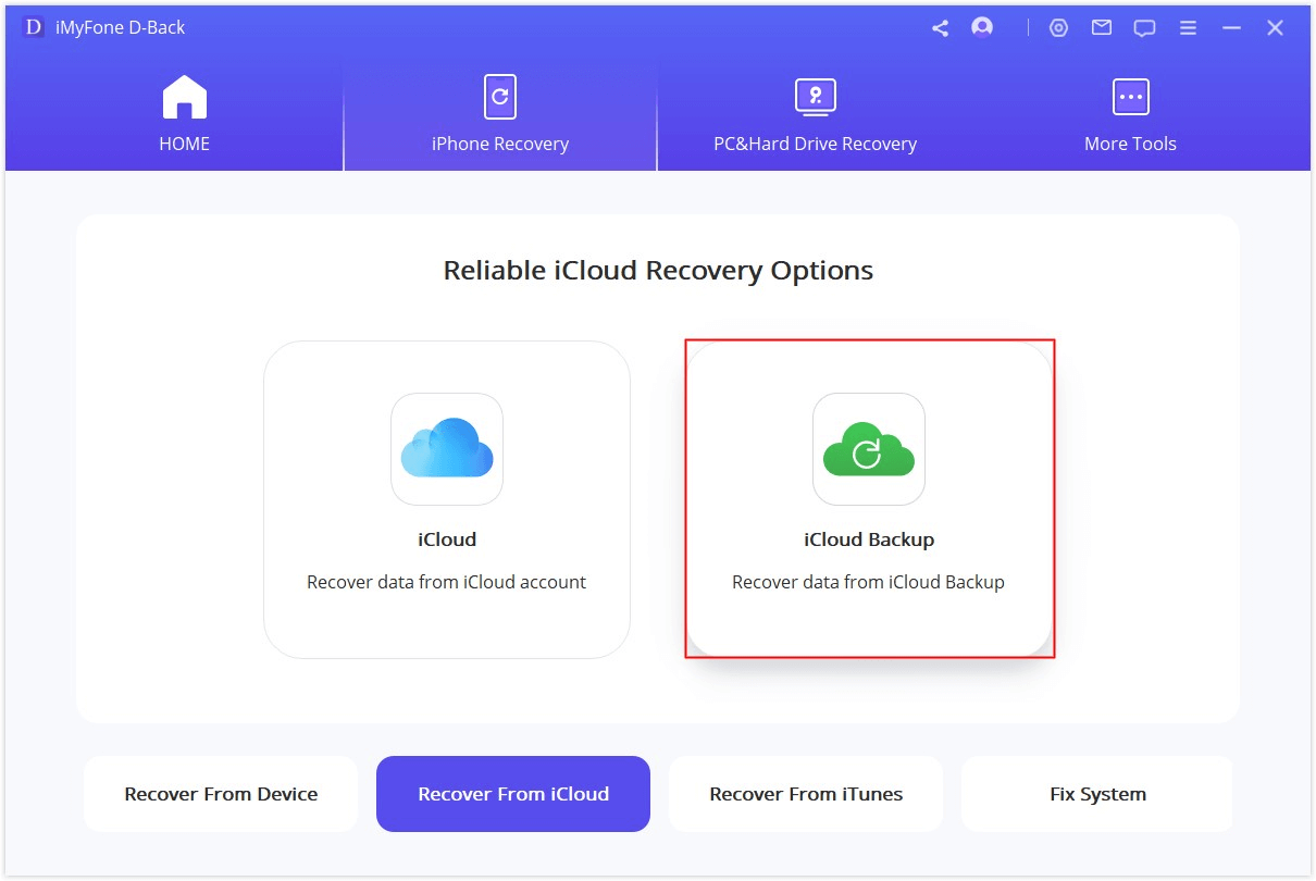 iMyFone D Back for iOS select icloud backup