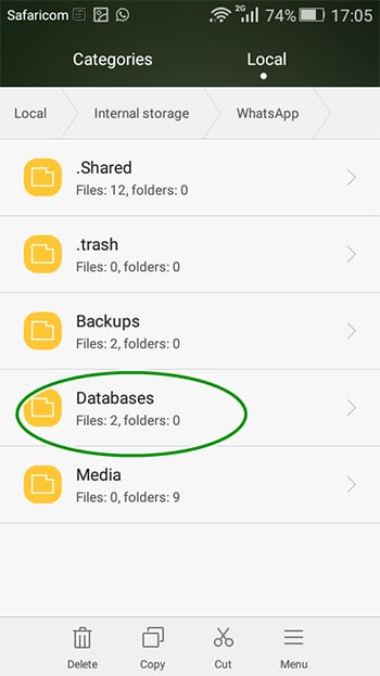 open whatsapp database via file manager