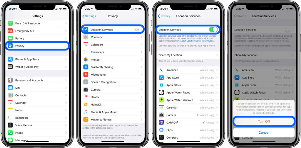 turn on/off iphone location service