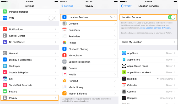 turn on/off iphone location service