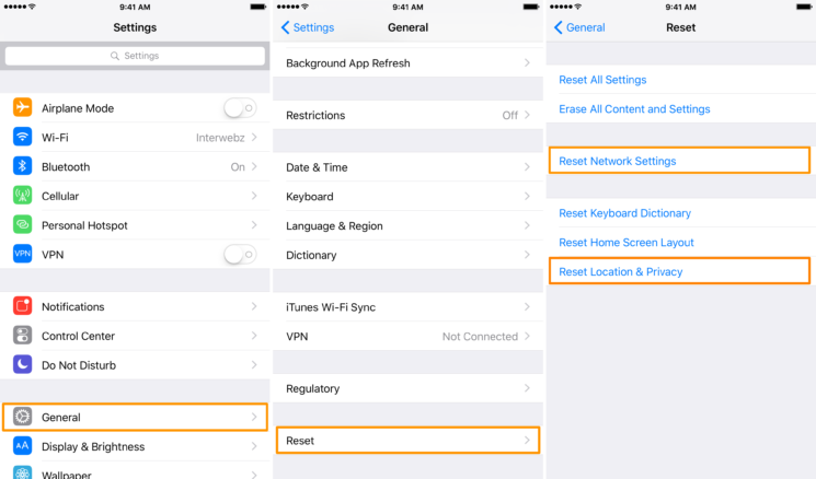 Reset Network Settings or Reset Location & Privacy