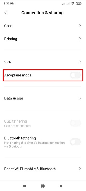 turn on and off airplane mode on android settings