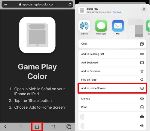 open game play color website and select add to home screen option