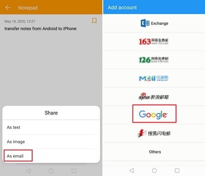 email transferring notes from android to iphone