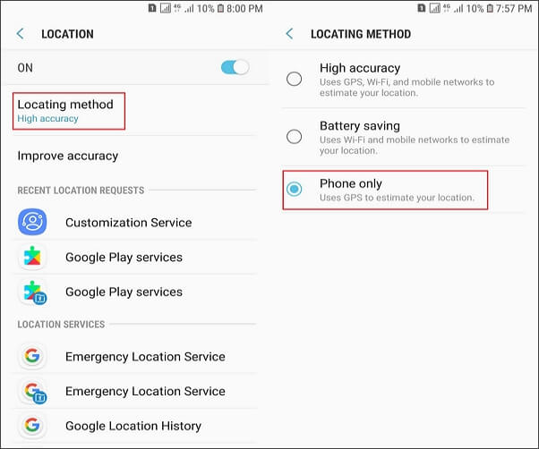 choose locating method on android device