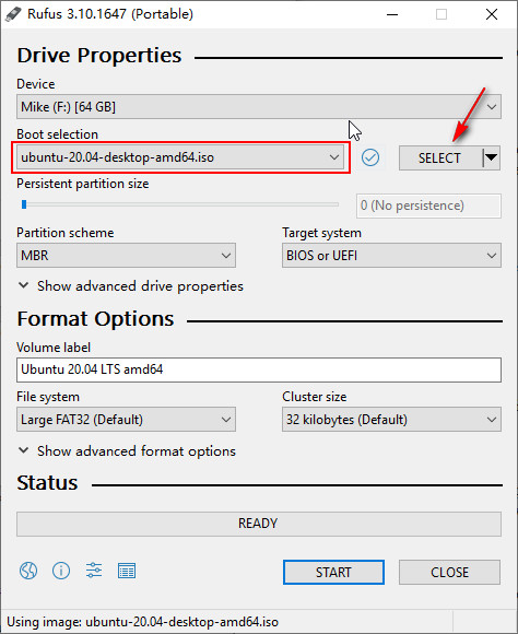  Seleccione el esquema de partición y archivo ISO de Ubuntu