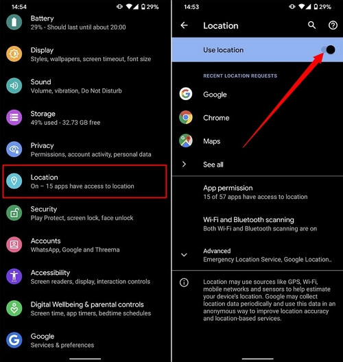 reset location settings on android device