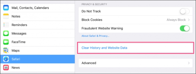 clear history and website data on iOS Safari