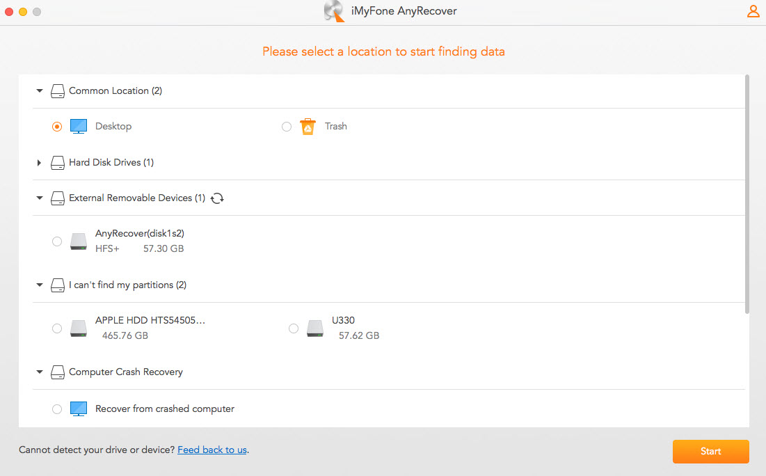 AnyRecover Mac Data Recovery - Select Location