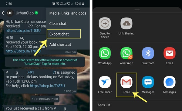 select whatsapp export chat to email option