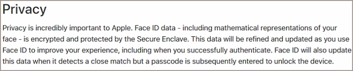 face id privacy policy on Apple website