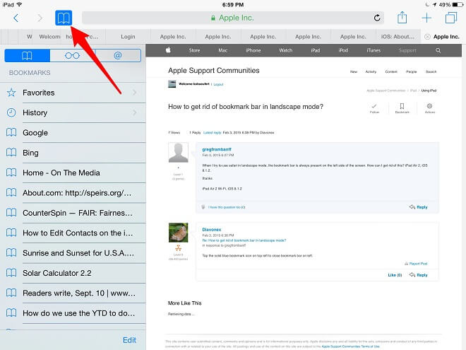 remove bookmarks from safari on ipad