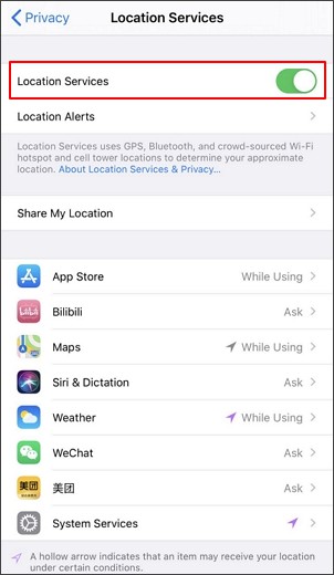 disable location services for all apps in iphone