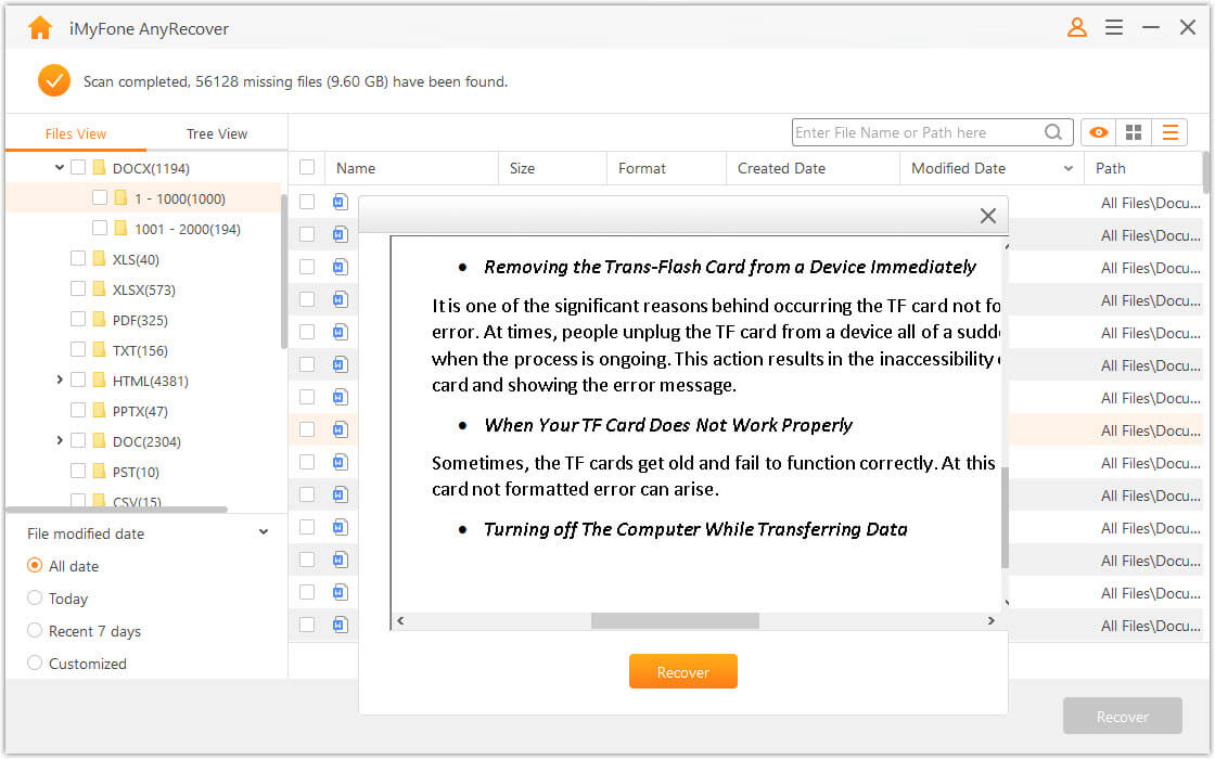 scan preview and recover word document with AnyRecover