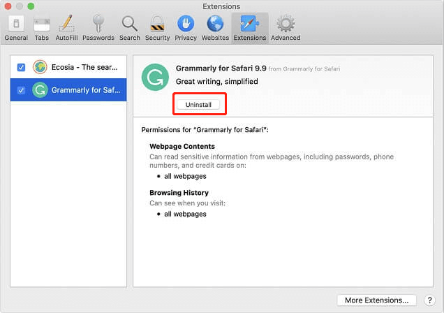 remove safari extensions