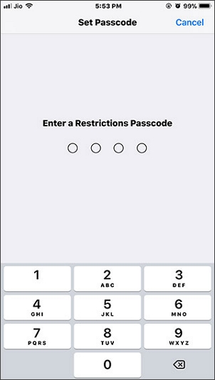 enter a restrictions passcode on iphone