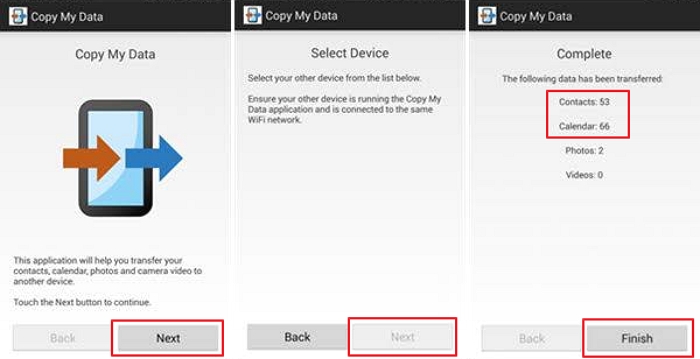 transfer contacts and calendar via copy my data