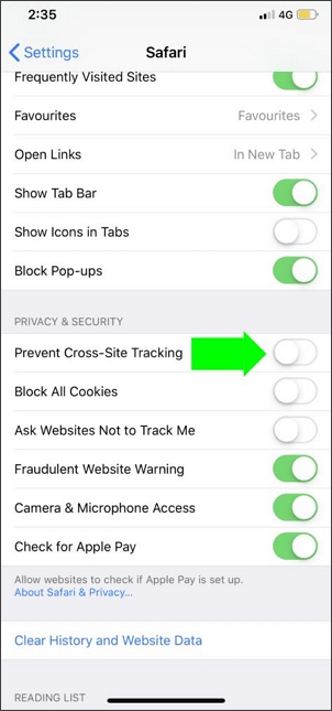 turn on prevent cross-site tracking on your iphone