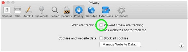 tap prevent cross-site tracking option
