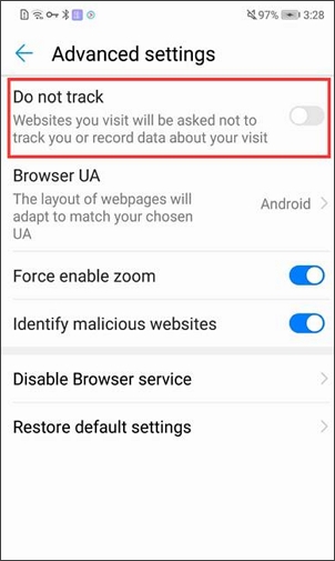 tap the silder to turn on do not track option on android chrome