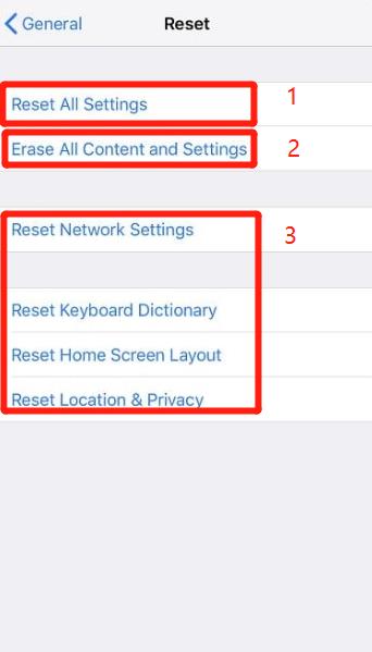 reset iphone options