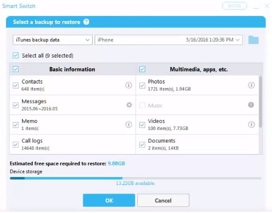 restore data via Samsung Smart Switch