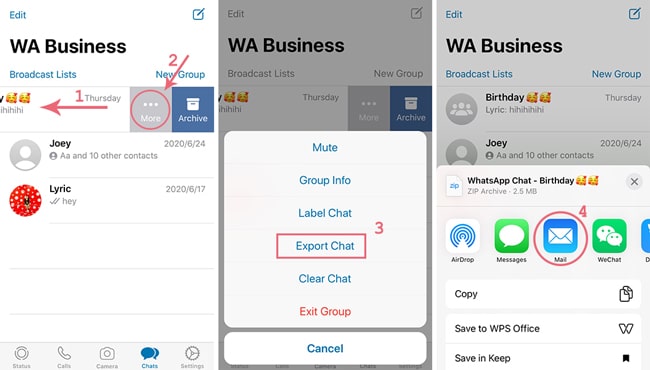 steps to export whatsapp business through email chat