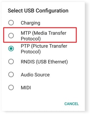 USB connection MTP setting