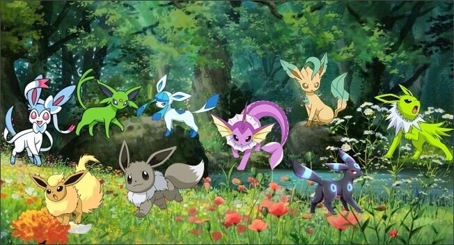 A shiny eevee presenting the three precious evolution stones