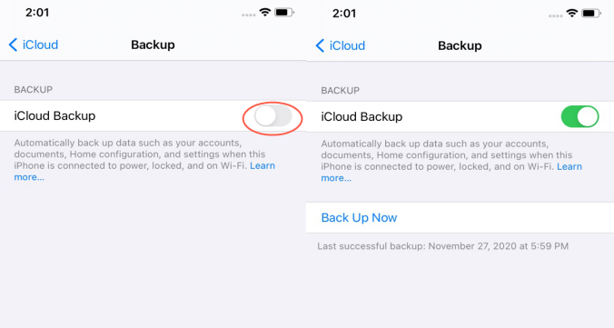 turn on icloud backup in settings 2