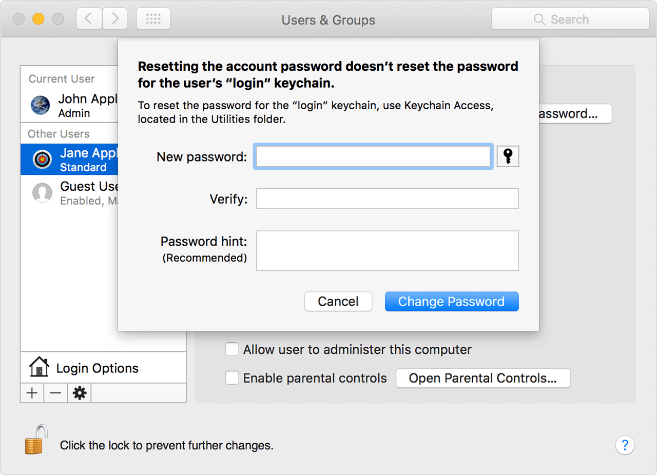 termionaolo to reset mac password