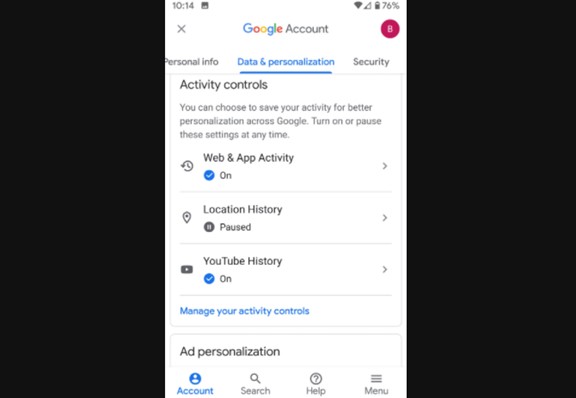 turn off google activity on android