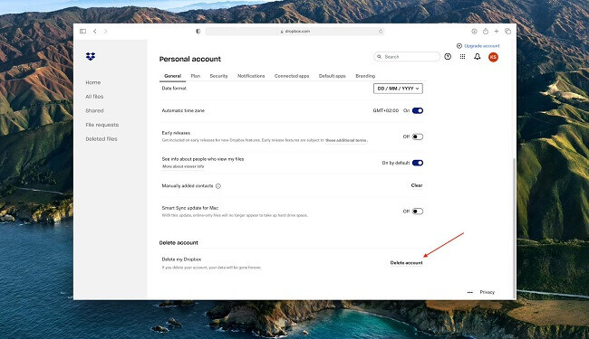 dropbox website delete account