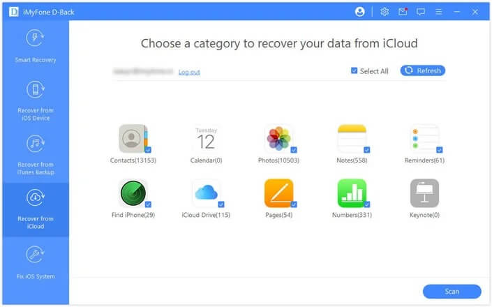 Select types of data from icloud account