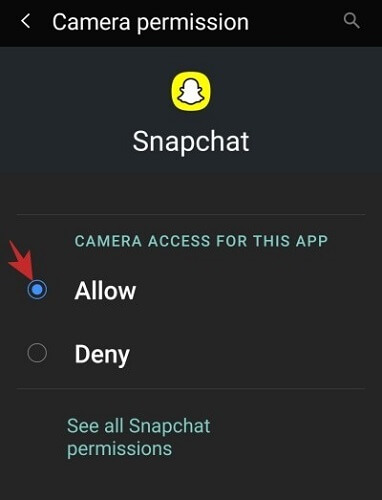 allow camera permission for snapchat