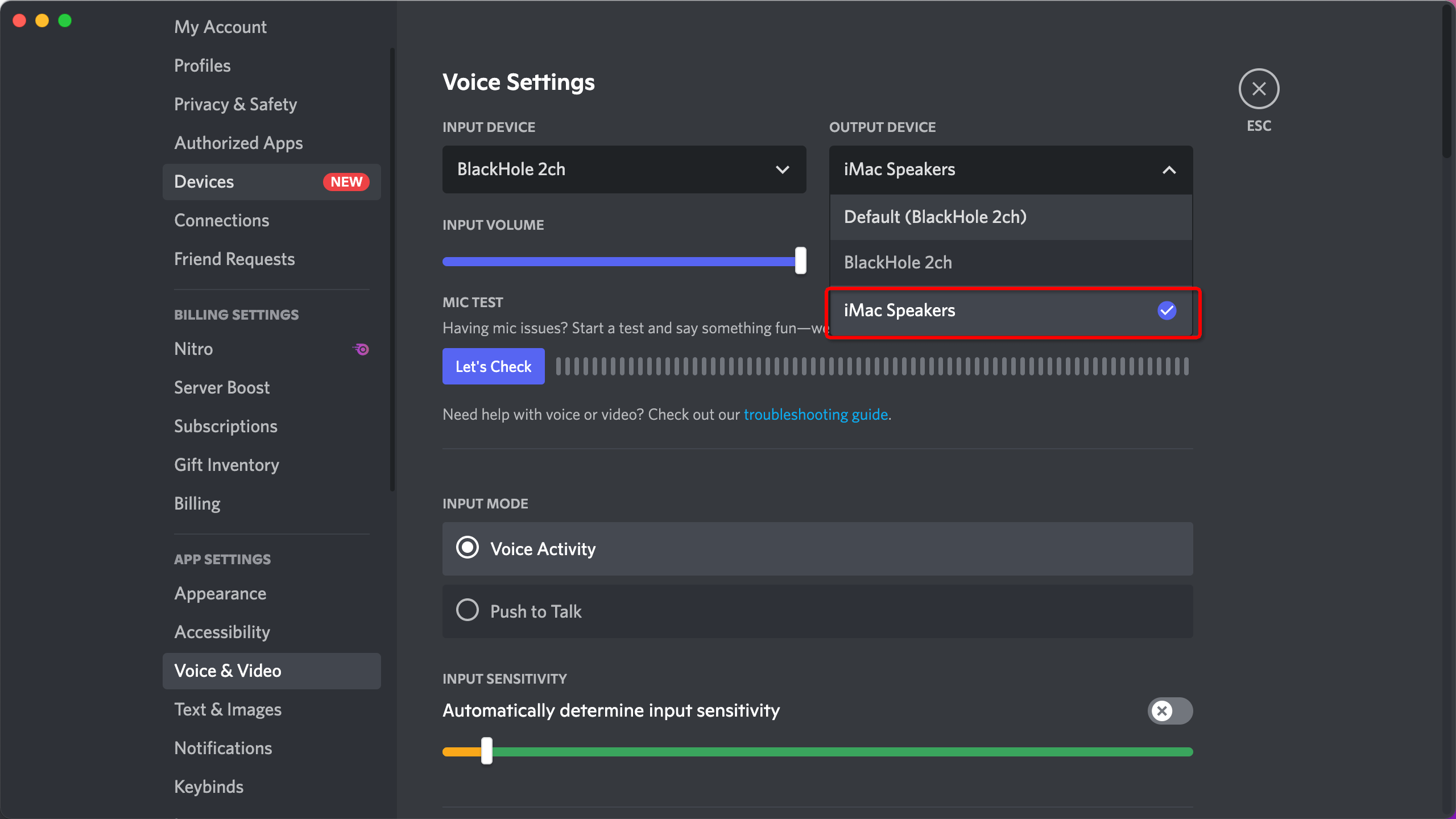 output setting on discord on mac device