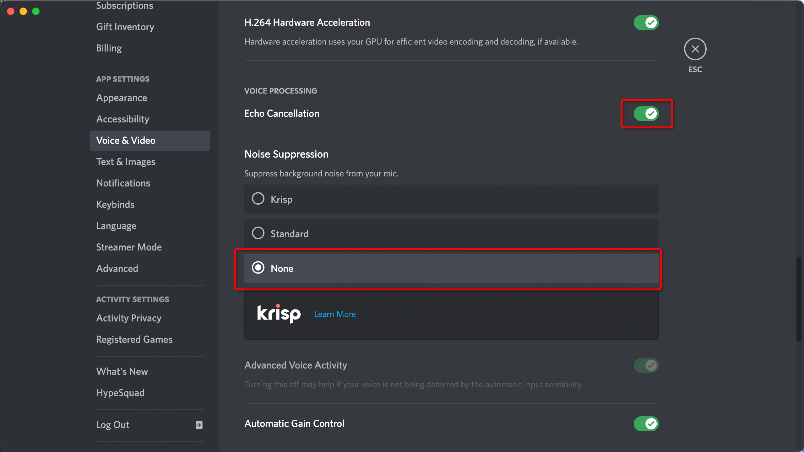 turn off noice suppression on discord