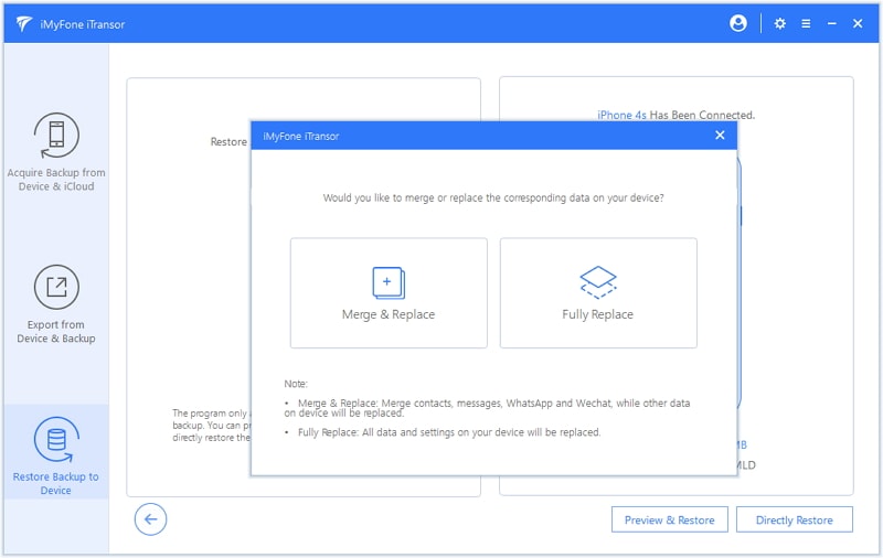 successfully restored data in backup to device