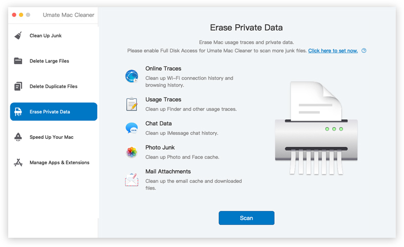 umate mac cleaner erase private data feature