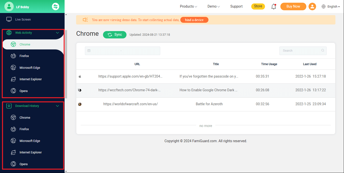 famiguard monisen internet activity reports