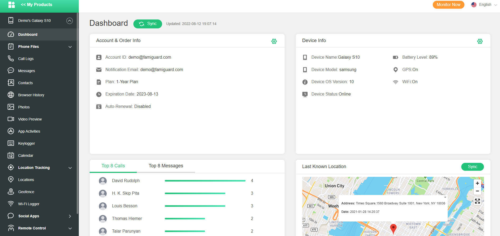 dashboard of famiguard app