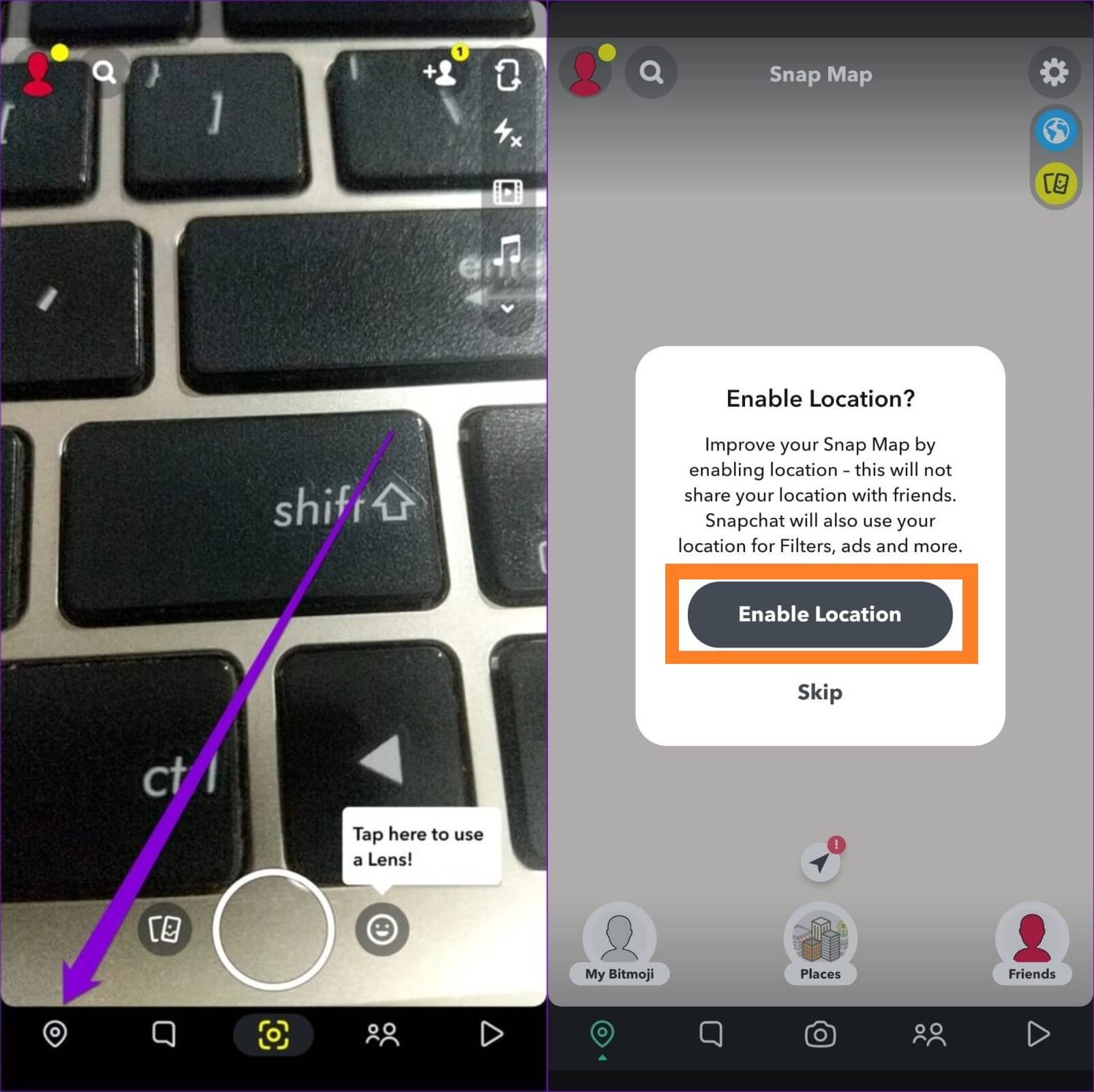 tab enable location on snapchat