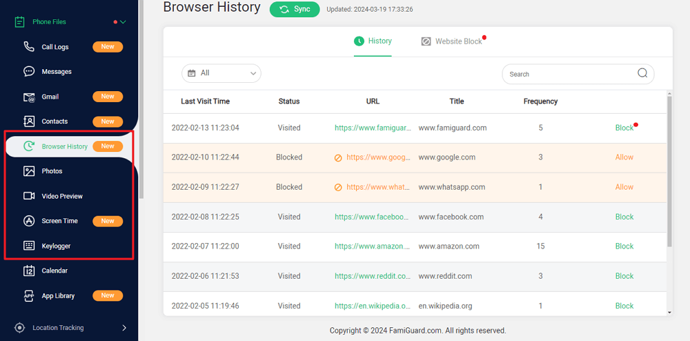 check browser history in famiguard pro