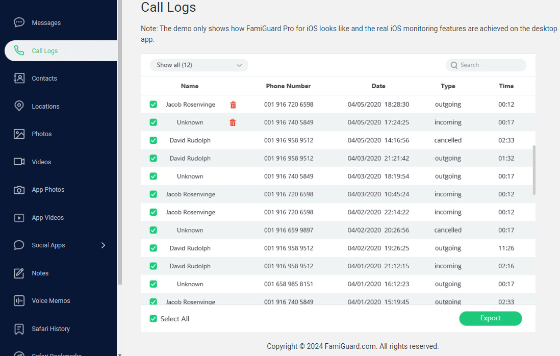 check call history in famiguard pro