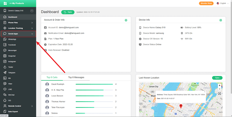 famiguard dashboard social apps